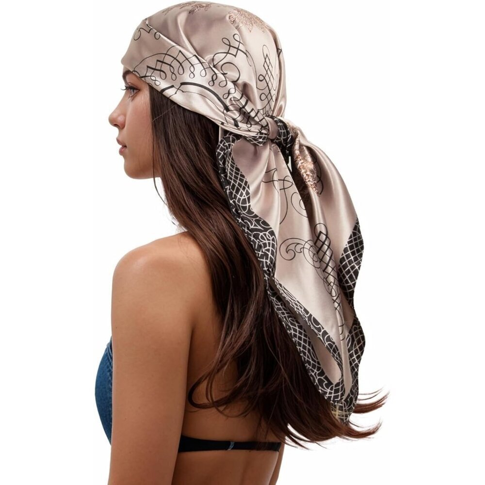 Women's Grayish Pink Head Scarf Like Silk Printed Square Hair Bandanas 35 Inches